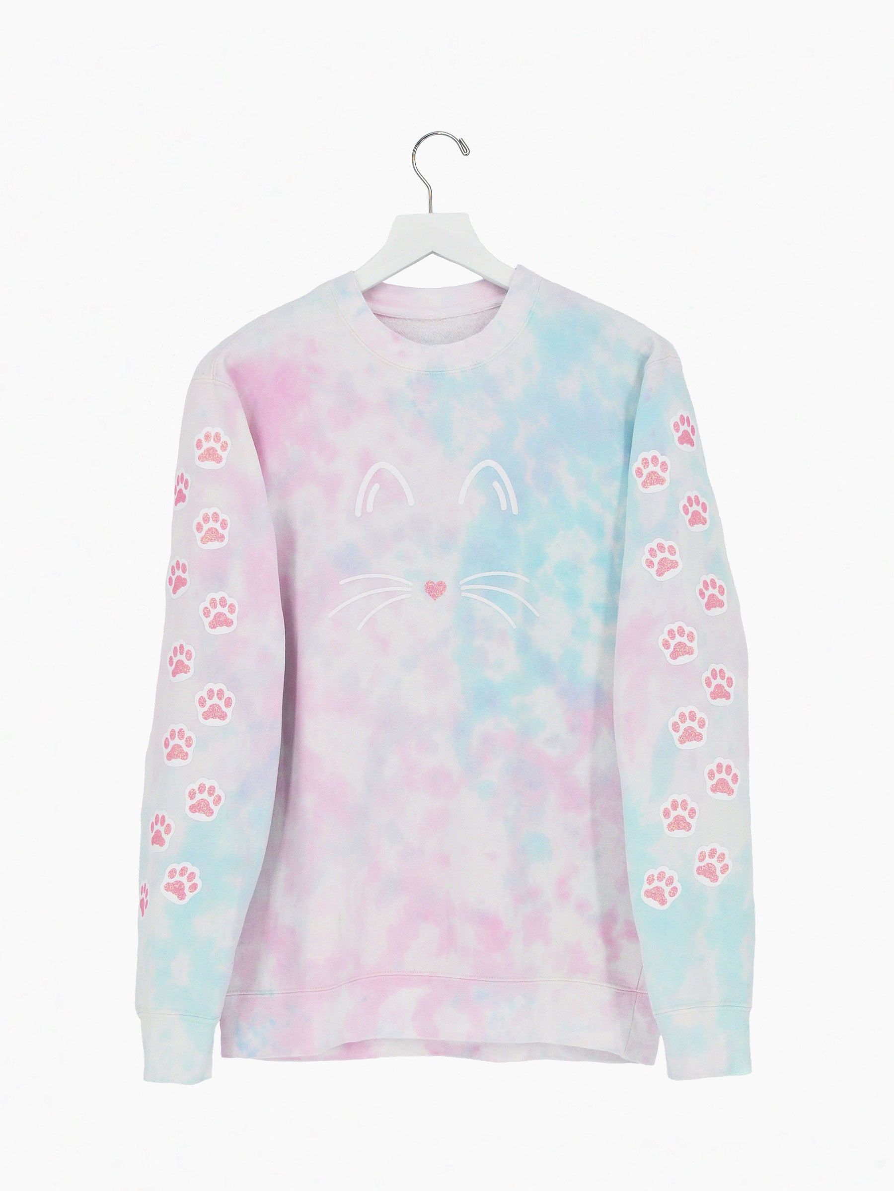 Pink and blue tie dye crewneck with white and pink cat paws on sleeve.  Cat face outline on front.