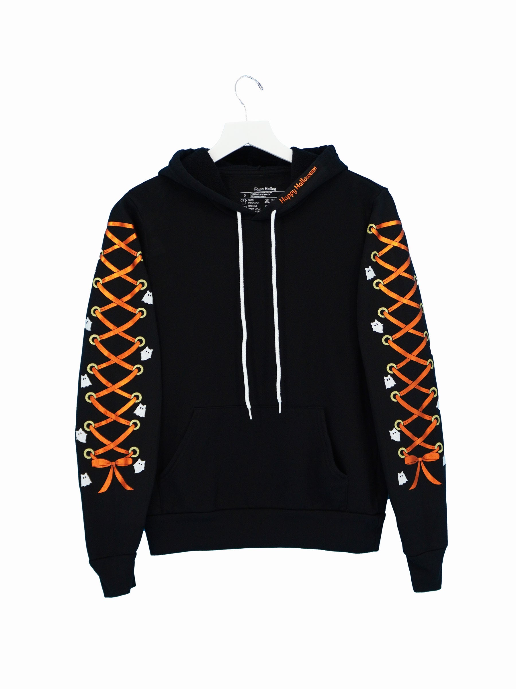 Hoodie with orange metallic lace-up with glittery yellow grommets and white cat ghosts on sleeves.